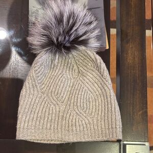 Saks Fifth Avenue Gray Cable Knit Beanie with Faux Fur Pom